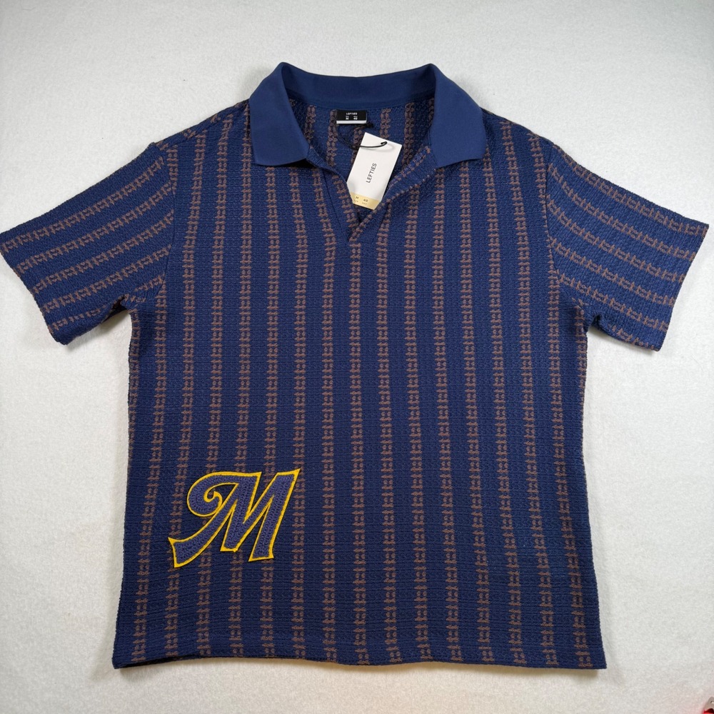 Lefties Mens Blue Brown Knit Polo Shirt Short Sleeve Varsity M Patch Size Medium